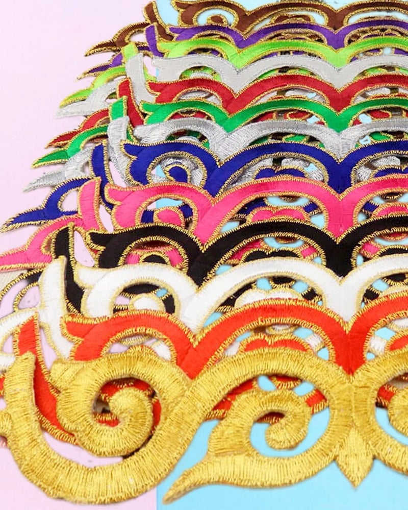 MSCFTFB 10 Pieces Swirl Embroidered Applique with Gold Trimming Scroll Iron on Patch Vine Border Lace Fringe Edge for Medieval Costume Wedding Dress Pillow Sewing Accessories (Yellow) - Image 5